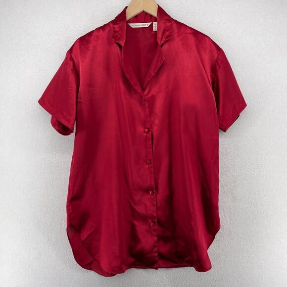 VICTORIA SECRET Top XS Satin Pajama Sleep Shirt Button Up Short Sleeve Red - Picture 1 of 12